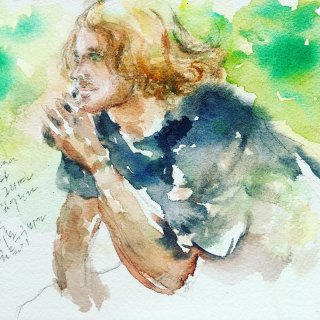 Jeune garçon au camping - watercolor on paper 25x20cm