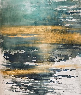 Crépuscule sur le lac - color ink and acrylic on fabric wall hanging 115x180cm