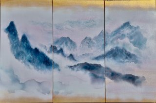 Neige et brume sur les monts - color ink, watercolor and gold painting on korean paper 120x80cm